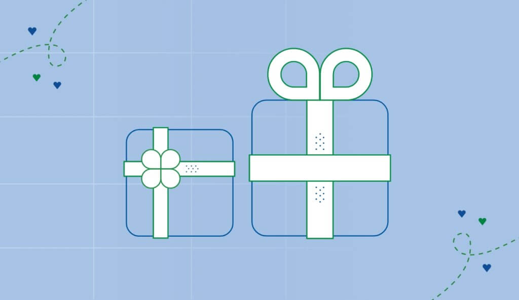 Light blue background with two gift illustrations in the center