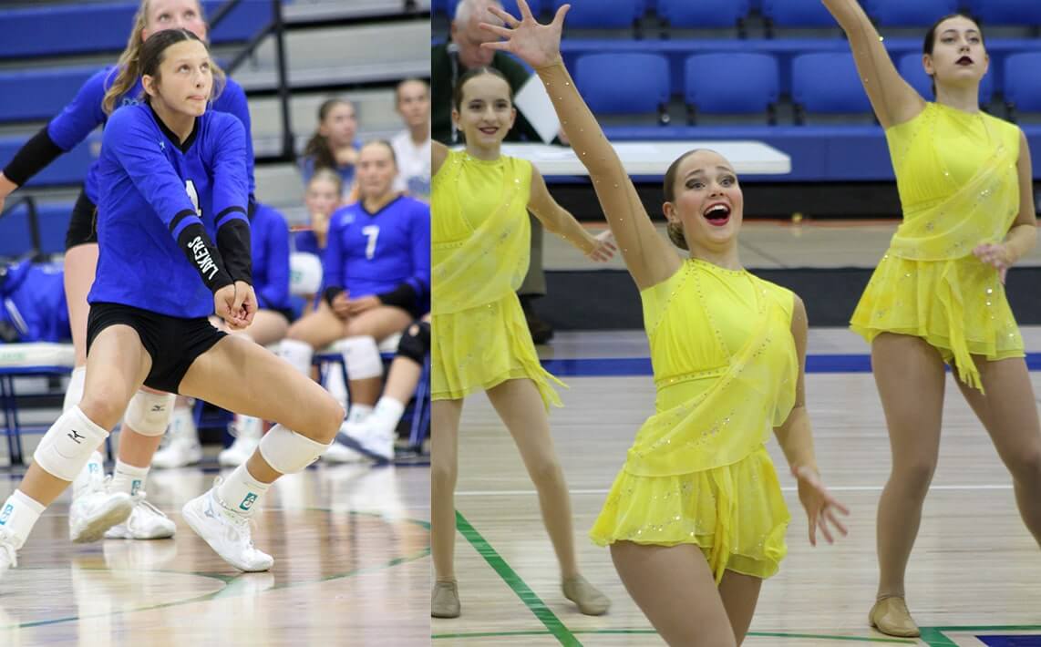 Girls volleyball player receiving the ball and three girl dancers performing a routine in yellow costumes